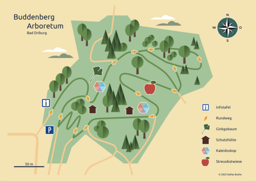 Illustrierte Karte des Buddenberg-Arboretums in Bad Driburg